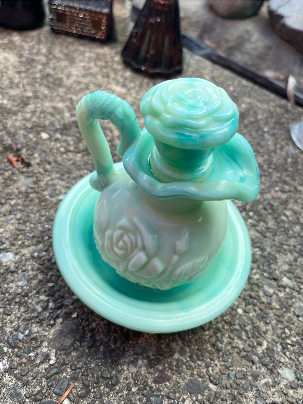 Vintage Floral Glass Cruet and Matching Bowl Mint Green